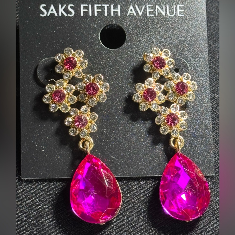 Glamorous Saks Fifth Avenue Pink Flower Post With Crystal Teardrop Earrings